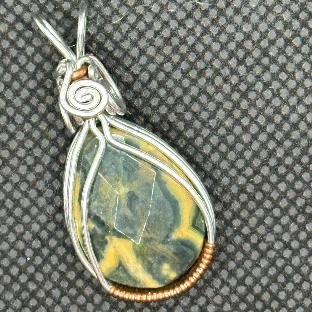 Green/Yellow Jasper Silver and Copper Wrapped Wire Pendant